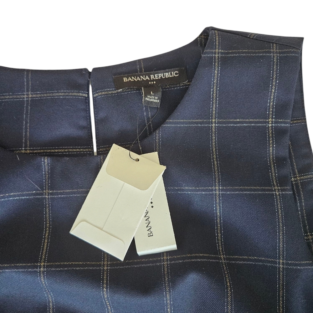 NWT Banana Repablic Plaid Shine Shell Navy Blue Checkered Sleeveless Top - Picture 8 of 9